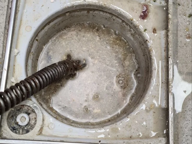 Vorher: verstopfter Bodenablauf mit Schmutzwasser, Rohrspirale im Einsatz